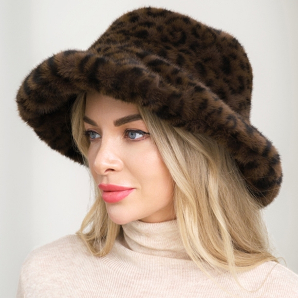 Plush Brown Fur Bucket Hat Winter Leopard Print Pattern Style Black - Picture 1 of 2